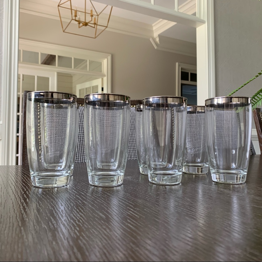 Set of 8 drinking glasses with silver rim.  Mid century.